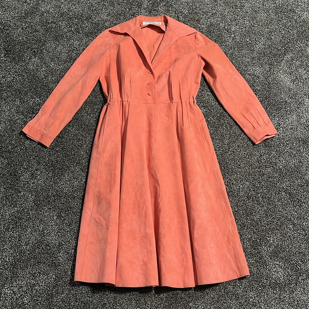 Vintage 70s Shannon Rodgers for Jerry Silverman peach suede midi dress